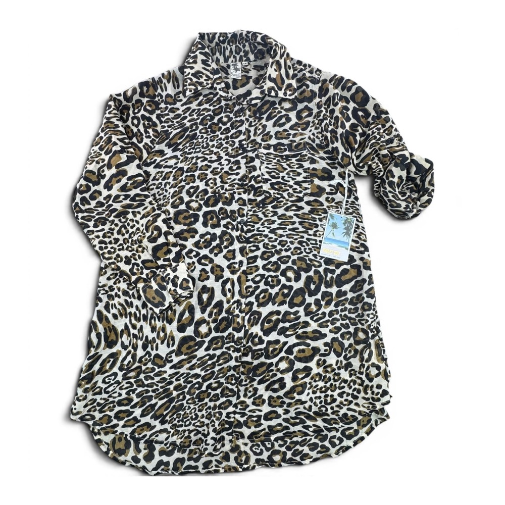 Violet Sky Leopard Print Roll Tab Sleeve Button Down Shirt Womens 1X‎ New